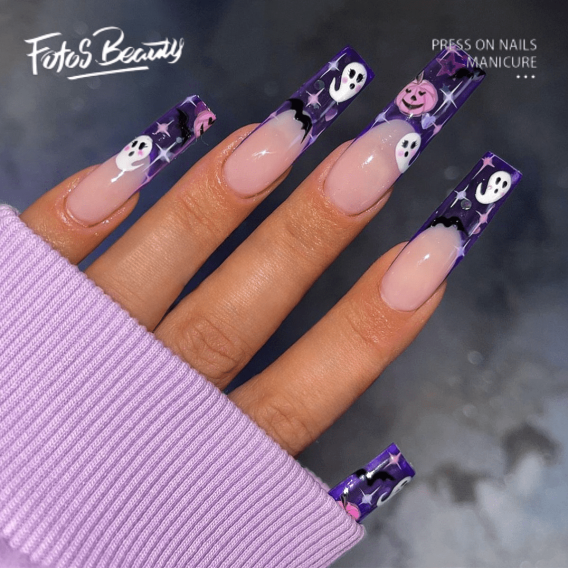 2023 coffin nail designs Bulan 5 Fofosbeauty  pcs Press-on Acrylic False Nails, Nails Tips Designs  ,Long Coffin French Ghost Purple